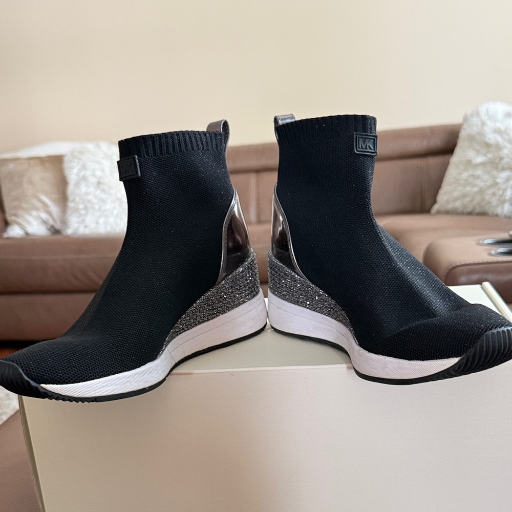 Michael Kors Black Knit Wedge Sneaker with Silver Glitter Heel